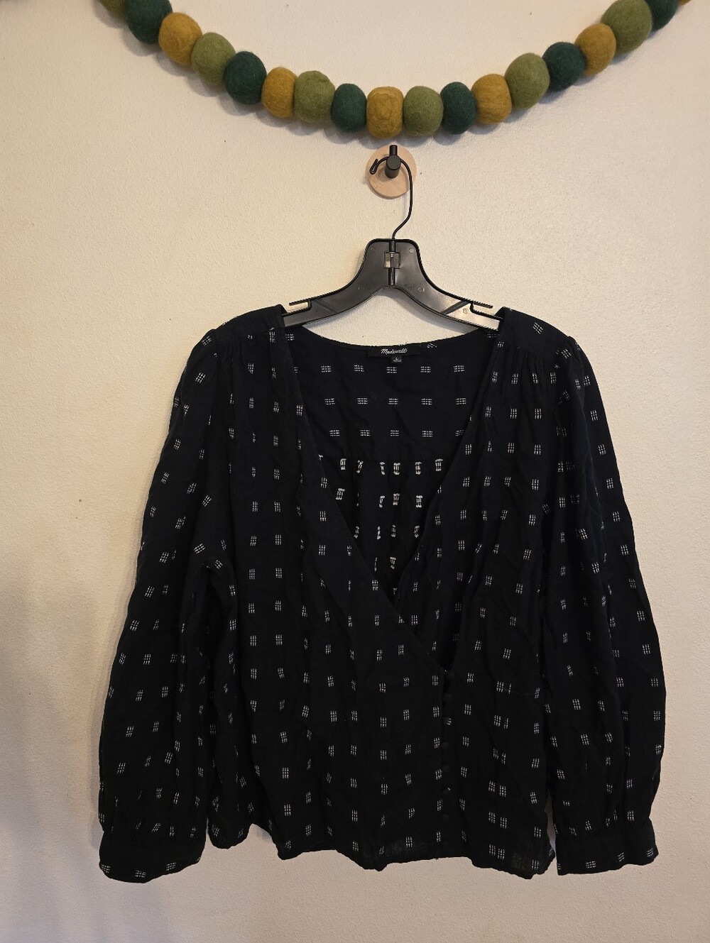 Madewell Kinston Side-Button Wrap Top Blouse Women's Large Black With White